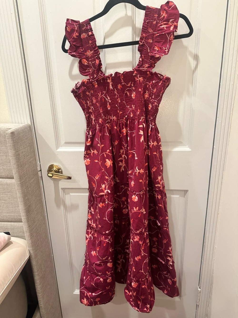 Women’s Hill House Nap Dress Burgundy Floral Ruffled Strap Midi Dress